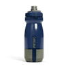 A drink bottle with a navy blue and grey design, featuring a wide mouth for easy filling and a logo on the side.