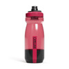 A drink bottle in pink and black with a lid and a logo, featuring a tapered design.