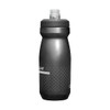 A drink bottle in matte black with a grey cap and dotted pattern, featuring a logo. Holds 0.6L of liquid.