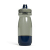 A drink bottle in grey with a navy blue base, featuring a twist top and a logo on the side.