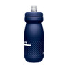 A drink bottle in navy blue with a textured design and a removable spout. It features a logo on the side.
