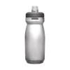 A drink bottle with a translucent silver body and a grey cap, featuring a logo.