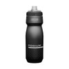 A drink bottle in matte black with a textured grip and a logo, featuring a spout for easy drinking.