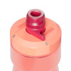 A drink bottle in shades of pink and orange with a spill-proof cap and a logo on the side.
