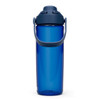 A drink bottle in a vibrant blue colour with a flip-top lid and a handle. It features a logo on the side.