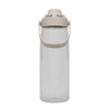 A drink bottle in clear plastic with a beige cap and handle, featuring a logo on the body.