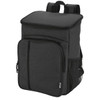 A black picnic cooler backpack with a front pocket and mesh side pockets, featuring a logo.