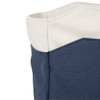A close-up of a navy blue tote bag with a light grey top. The bag features contrasting fabric textures and a logo.