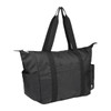 A black packable travel duffel bag with dual handles and side pockets, featuring a logo.