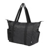 A packable travel duffel bag in black, featuring sturdy handles and multiple exterior pockets. It has a logo present.