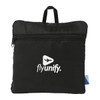 A packable travel duffel bag in black, featuring a logo and a top handle for easy carrying.