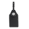 A black luggage tag with a sleek design, featuring an AirTag holder and white stitching detail.