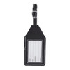 A black luggage tag with a clear window for information, featuring a strap and contrasting stitching.