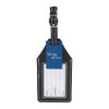 A black luggage tag featuring a holder for an AirTag, with a blue tag for personal details.