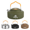A camping kettle in green with an orange handle, featuring a spout and a logo, alongside two silver and black options.