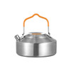 A stainless steel camping kettle with an orange handle and lid, featuring a spout for pouring.