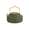 A green camping kettle with a removable orange handle and a spout. It features a lid and an integrated design.