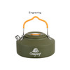 A green camping kettle with an orange handle, featuring a spout and a lid, includes a logo on the side.