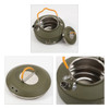 A green camping kettle with a stainless steel interior, featuring a lid and an orange handle. It has a logo.