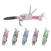A multitool in the shape of a fish, available in various colours, featuring a knife, corkscrew, and bottle opener.