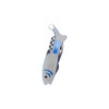 A silver and blue multitool shaped like a fish, featuring various tools and a keyring attachment.