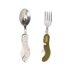 Camping cutlery set featuring a silver spoon and fork with a brown handle, includes a logo. Perfect for outdoor dining.