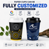 A single-walled paper cup in black and white, featuring vibrant customisable designs and a logo.