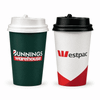 Two single walled paper cups, one green with a logo and one white with red and black accents, both with lids.