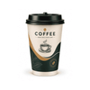 A double-walled paper cup in white and green, featuring a black lid and a coffee graphic. It has branding on the surface.