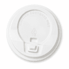 A white coffee cup lid with a caution notice, featuring a small opening for sipping.