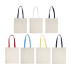 Accent cotton tote bags in natural fabric with coloured handles in red, blue, yellow, and navy. Each bag features a logo.
