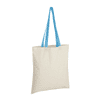A cream tote bag with light blue handles, featuring a logo on one side.