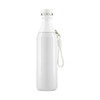 A drink bottle in white with a silver cap and a strap. It features a simple, sleek design and a logo.