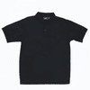 A navy blue polo shirt with a collar and buttons, featuring a logo on the chest area.