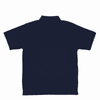 A navy polo shirt featuring a classic collar and a back view. The shirt includes a branding logo.