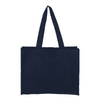 A navy canvas bag with two handles and a simple design. The bag includes a logo on one side.