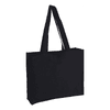 A black canvas bag with long handles and a simple design. It features a logo on one side.