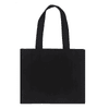 A black canvas bag with two long handles and an empty design, featuring a logo or branding.