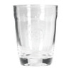 A glass cup with a clear design and an engraved logo on the front, featuring a rounded shape.