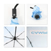 An anti-rebound folding umbrella in light blue with a compact design and a logo on the handle. Features an open canopy view.