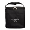 A black insulated cooler bag with a zip closure and a front pocket, featuring a logo.