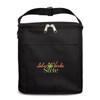 A black insulated bag with a zip closure and a logo on the front. It features a carry handle and a front pocket.