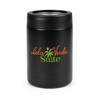 A black drink bottle with a logo featuring palm trees and text in orange and green.