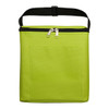 A green insulated bag with a zip closure and a front pocket, featuring a black strap for easy carrying.