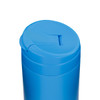 A bright blue coffee cup with a lid featuring a small opening for sipping. It has a smooth surface and rounded design.