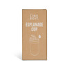 A coffee cup packaging in cream with a lid, featuring a simple logo and a water droplet design.