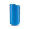 A blue coffee cup with a lid and a smooth surface, featuring a logo.