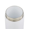 A drink bottle featuring a white body with a silver rim, showcasing a smooth, modern design.