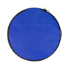 A round blue duffle bag with a black zip and a logo on the side.