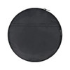 A round black duffle bag with a zip closure and a flat pocket on one side. It features a logo.